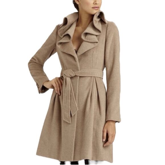 Rebecca TaylorWomen’s Oversized Ruffle Collar Wool Tan Brown Trench Pea Coat